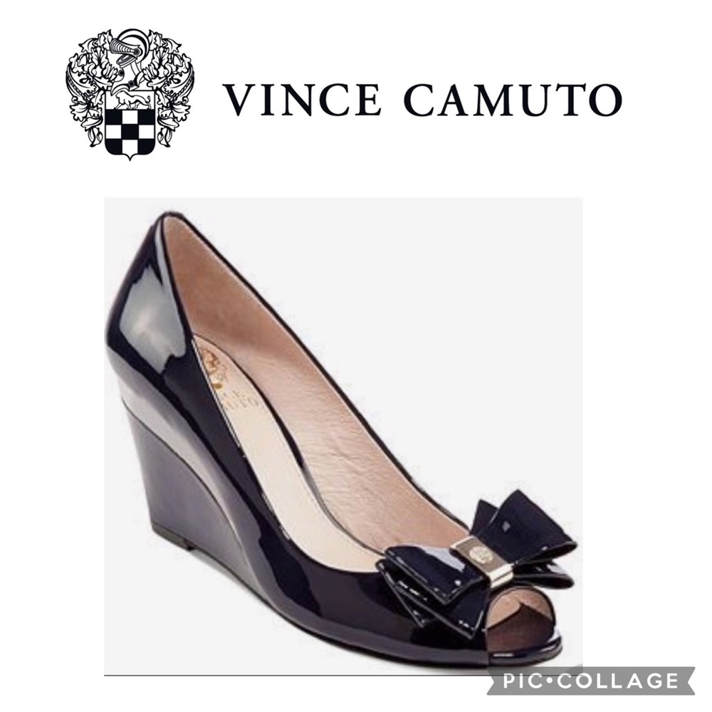 VINCE CAMUTO “Varro” Black Patent Peep Toe Wedge 6
